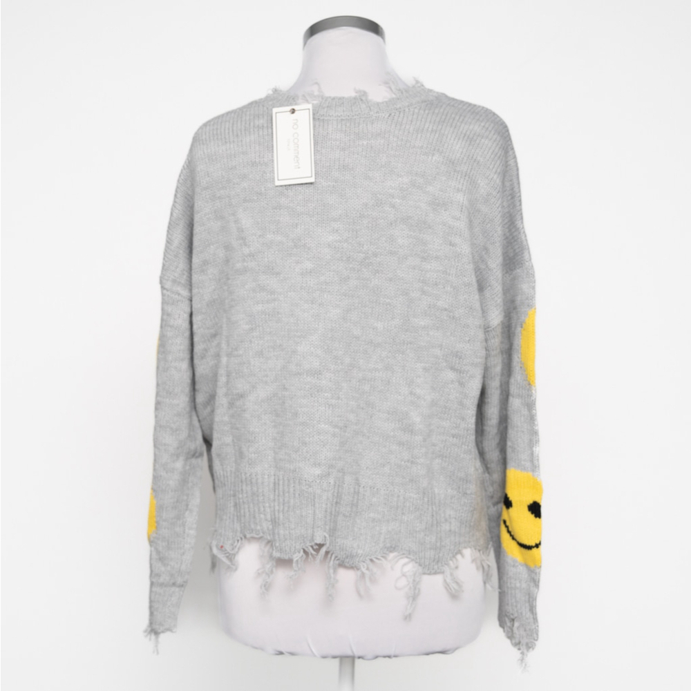 No Comment NY-LA Smiley Face Distressed Gray Knit Sweater - Picture 3 of 9